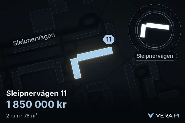 VERA PI:s bild av Sleipnervägen 11: huset i 3D, upplyst i blått, och kartan runt omkring