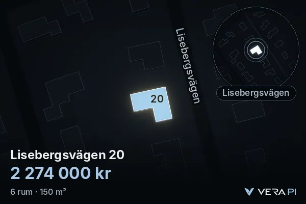 VERA PI:s bild av Lisebergsvägen 20: huset i 3D, upplyst i blått, och kartan runt omkring