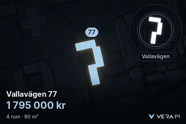 VERA PI:s bild av Vallavägen 77: huset i 3D, upplyst i blått, och kartan runt omkring
