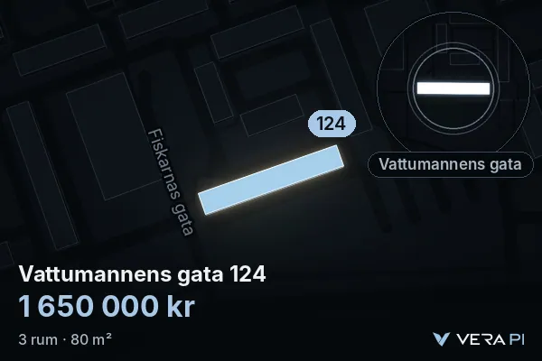 VERA PI:s bild av Vattumannens gata 124: huset i 3D, upplyst i blått, och kartan runt omkring