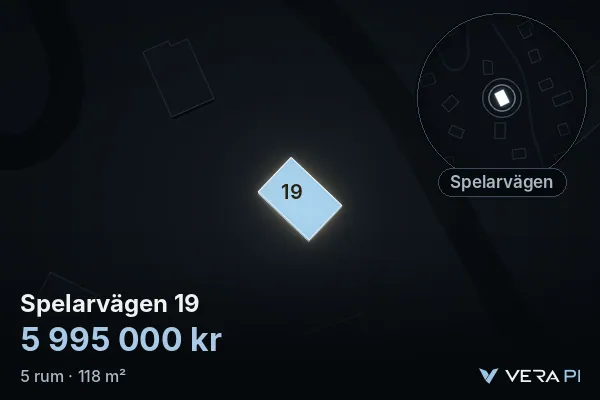 VERA PI:s bild av Spelarvägen 19: huset i 3D, upplyst i blått, och kartan runt omkring