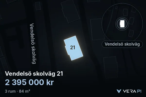 VERA PI:s bild av Vendelsö skolväg 21: huset i 3D, upplyst i blått, och kartan runt omkring