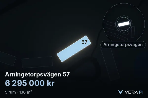 VERA PI:s bild av Arningetorpsvägen 57: huset i 3D, upplyst i blått, och kartan runt omkring