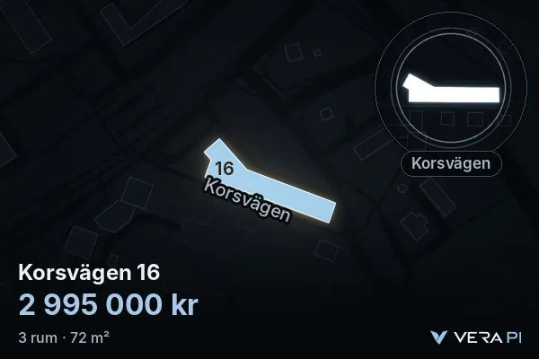 VERA PI:s bild av Korsvägen 16: huset i 3D, upplyst i blått, och kartan runt omkring