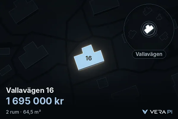 VERA PI:s bild av Vallavägen 16: huset i 3D, upplyst i blått, och kartan runt omkring