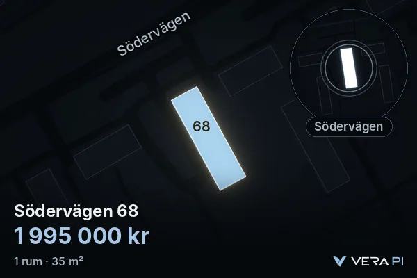 VERA PI:s bild av Södervägen 68: huset i 3D, upplyst i blått, och kartan runt omkring