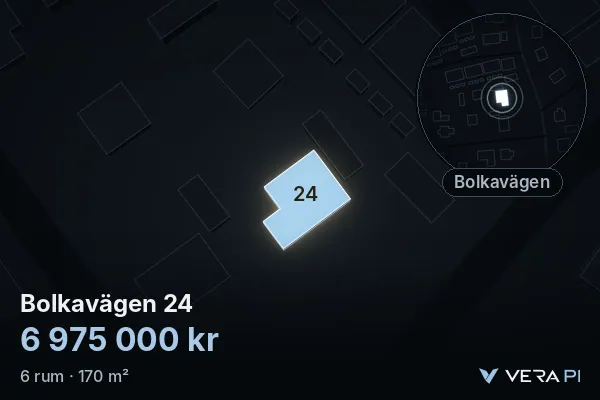 VERA PI:s bild av Bolkavägen 24: huset i 3D, upplyst i blått, och kartan runt omkring