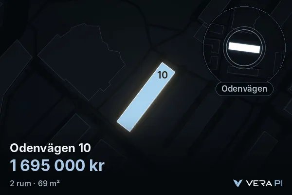 VERA PI:s bild av Odenvägen 10: huset i 3D, upplyst i blått, och kartan runt omkring