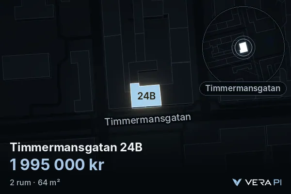 VERA PI:s bild av Timmermansgatan 24B: huset i 3D, upplyst i blått, och kartan runt omkring