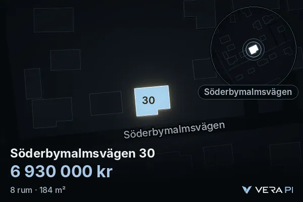VERA PI:s bild av Söderbymalmsvägen 30: huset i 3D, upplyst i blått, och kartan runt omkring