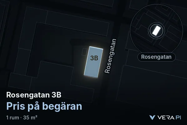 VERA PI:s bild av Rosengatan 3B: huset i 3D, upplyst i blått, och kartan runt omkring