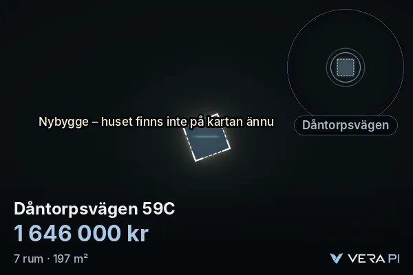 VERA PI:s bild av Dåntorpsvägen 59C: huset i 3D, upplyst i blått, och kartan runt omkring