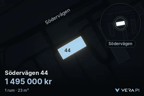 VERA PI:s bild av Södervägen 44: huset i 3D, upplyst i blått, och kartan runt omkring