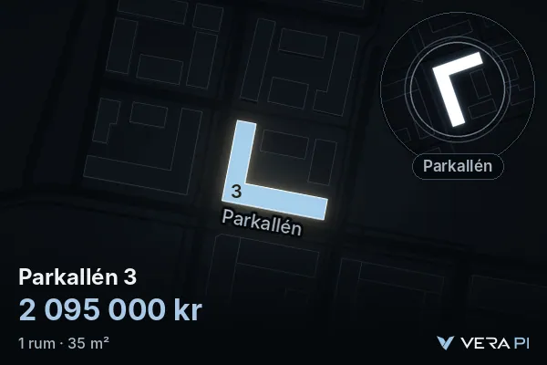 VERA PI:s bild av Parkallén 3: huset i 3D, upplyst i blått, och kartan runt omkring