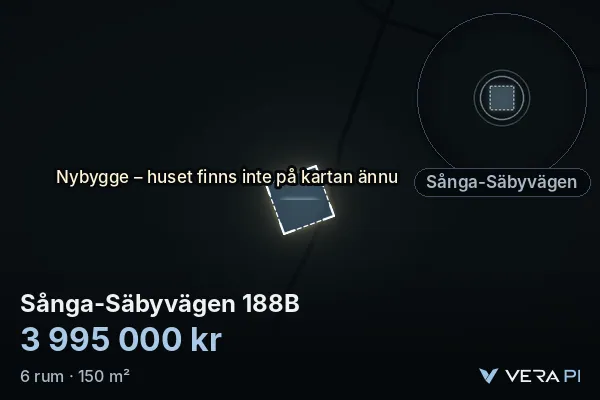 VERA PI:s bild av Sånga-Säbyvägen 188B: huset i 3D, upplyst i blått, och kartan runt omkring