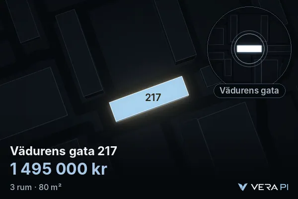 VERA PI's image of Vädurens gata 217: the building in 3D, lit in blue, and the map around it