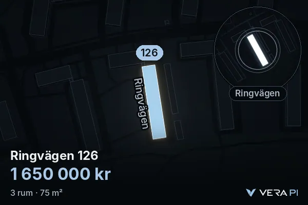 VERA PI:s bild av Ringvägen 126: huset i 3D, upplyst i blått, och kartan runt omkring