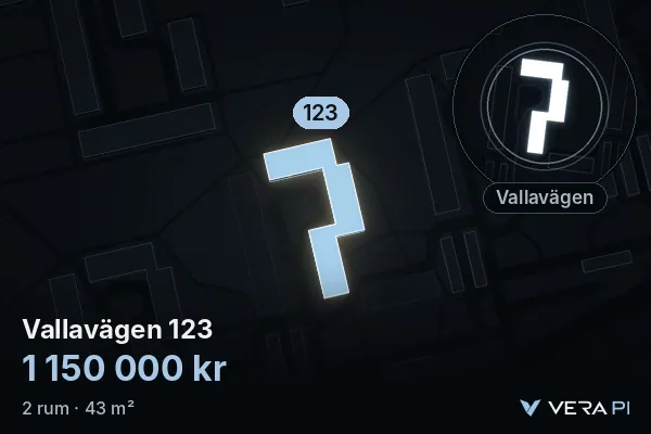 VERA PI:s bild av Vallavägen 123: huset i 3D, upplyst i blått, och kartan runt omkring