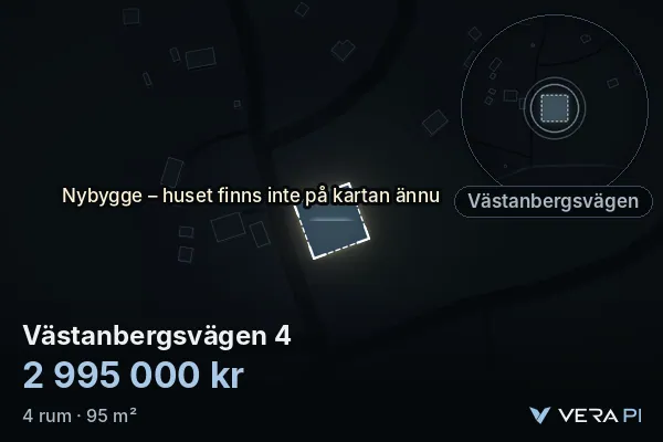 VERA PI:s bild av Västanbergsvägen 4: huset i 3D, upplyst i blått, och kartan runt omkring