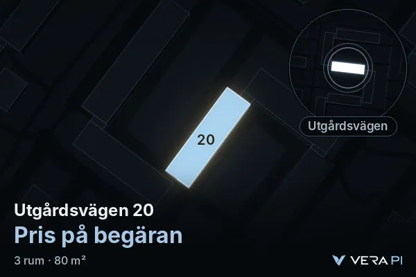 VERA PI:s bild av Utgårdsvägen 20: huset i 3D, upplyst i blått, och kartan runt omkring