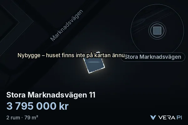 VERA PI:s bild av Stora Marknadsvägen 11: huset i 3D, upplyst i blått, och kartan runt omkring