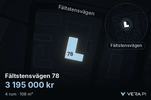 VERA PI's image of Fältstensvägen 78: the building in 3D, lit in blue, and the map around it