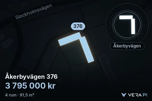 VERA PI:s bild av Åkerbyvägen 376: huset i 3D, upplyst i blått, och kartan runt omkring