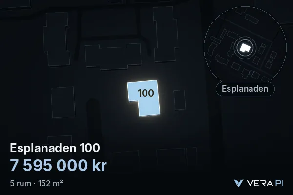 VERA PI:s bild av Esplanaden 100: huset i 3D, upplyst i blått, och kartan runt omkring
