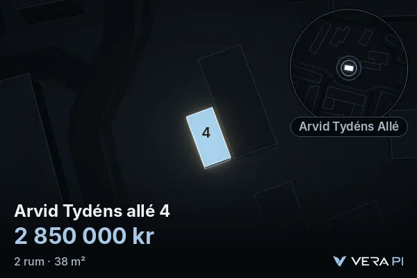 VERA PI:s bild av Arvid Tydéns allé 4: huset i 3D, upplyst i blått, och kartan runt omkring