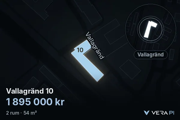VERA PI:s bild av Vallagränd 10: huset i 3D, upplyst i blått, och kartan runt omkring