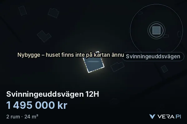 VERA PI:s bild av Svinningeuddsvägen 12H: huset i 3D, upplyst i blått, och kartan runt omkring