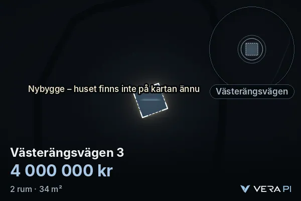 VERA PI:s bild av Västerängsvägen 3: huset i 3D, upplyst i blått, och kartan runt omkring