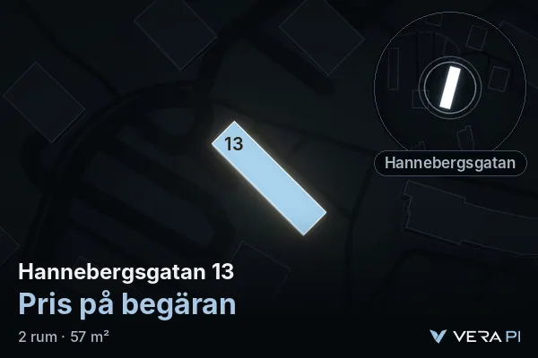 VERA PI's image of Hannebergsgatan 13: the building in 3D, lit in blue, and the map around it