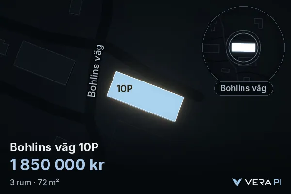 VERA PI's image of Bohlins väg 10P: the building in 3D, lit in blue, and the map around it