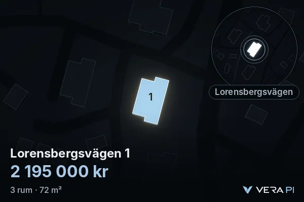 VERA PI:s bild av Lorensbergsvägen 1: huset i 3D, upplyst i blått, och kartan runt omkring