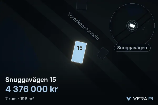 VERA PI's image of Snuggavägen 15: the building in 3D, lit in blue, and the map around it