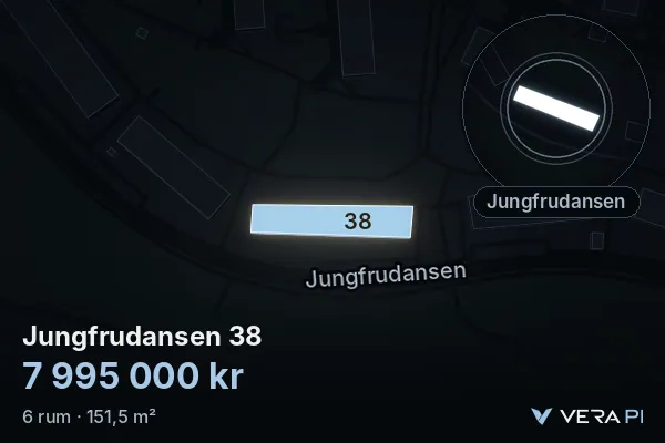 VERA PI's image of Jungfrudansen 38: the building in 3D, lit in blue, and the map around it