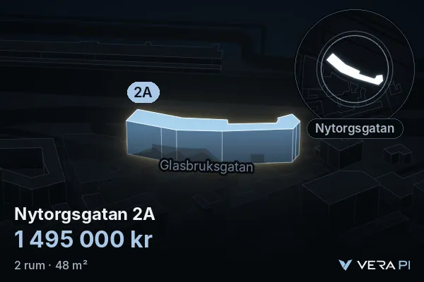 VERA PI's image of Nytorgsgatan 2A: the building in 3D, lit in blue, and the map around it