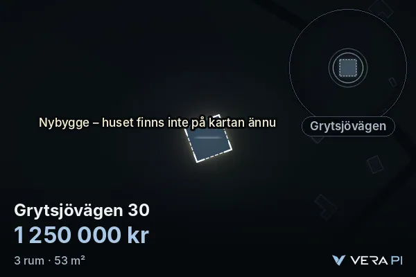 VERA PI:s bild av Grytsjövägen 30: huset i 3D, upplyst i blått, och kartan runt omkring