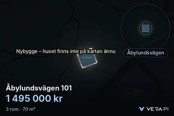 VERA PI:s bild av Åbylundsvägen 101: huset i 3D, upplyst i blått, och kartan runt omkring