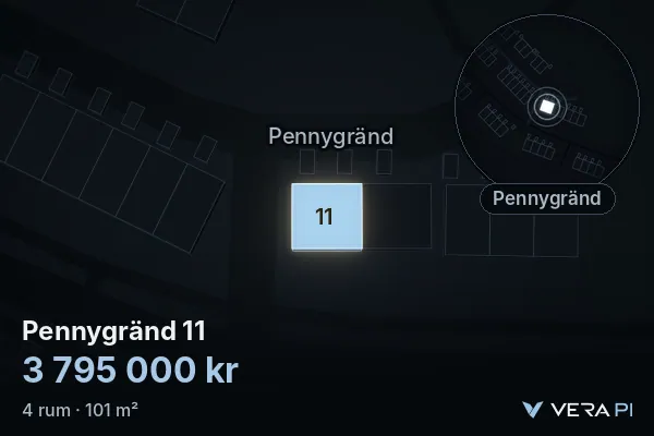 VERA PI:s bild av Pennygränd 11: huset i 3D, upplyst i blått, och kartan runt omkring