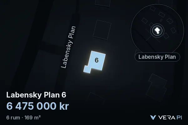 VERA PI:s bild av Labensky Plan 6: huset i 3D, upplyst i blått, och kartan runt omkring