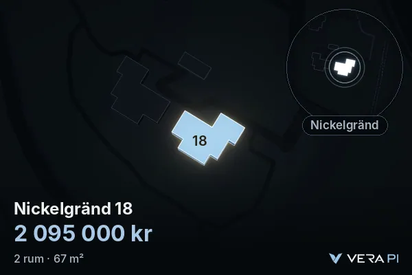 VERA PI:s bild av Nickelgränd 18: huset i 3D, upplyst i blått, och kartan runt omkring