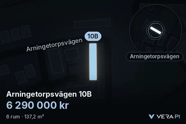 VERA PI:s bild av Arningetorpsvägen 10B: huset i 3D, upplyst i blått, och kartan runt omkring