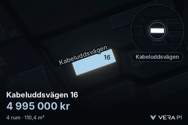VERA PI:s bild av Kabeluddsvägen 16: huset i 3D, upplyst i blått, och kartan runt omkring