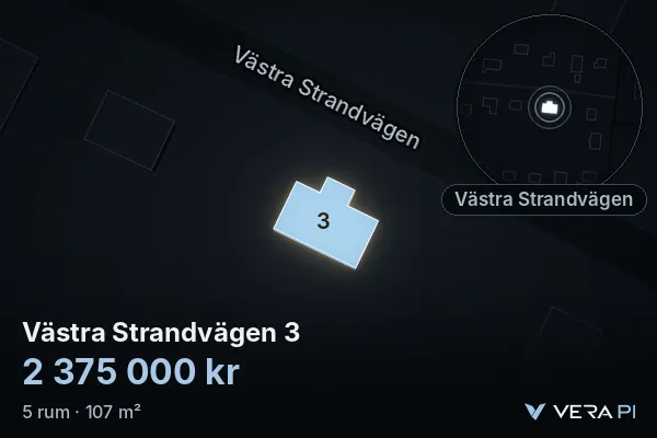 VERA PI:s bild av Västra Strandvägen 3: huset i 3D, upplyst i blått, och kartan runt omkring