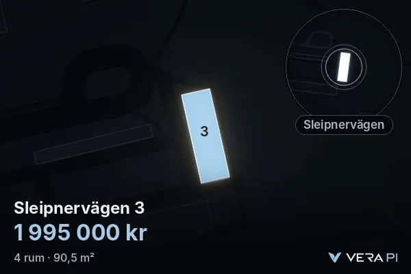 VERA PI:s bild av Sleipnervägen 3: huset i 3D, upplyst i blått, och kartan runt omkring