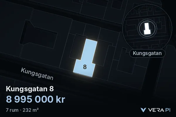 VERA PI:s bild av Kungsgatan 8: huset i 3D, upplyst i blått, och kartan runt omkring