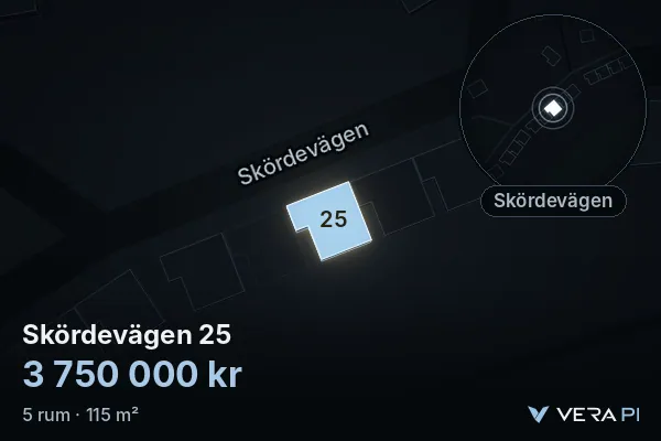 VERA PI:s bild av Skördevägen 25: huset i 3D, upplyst i blått, och kartan runt omkring