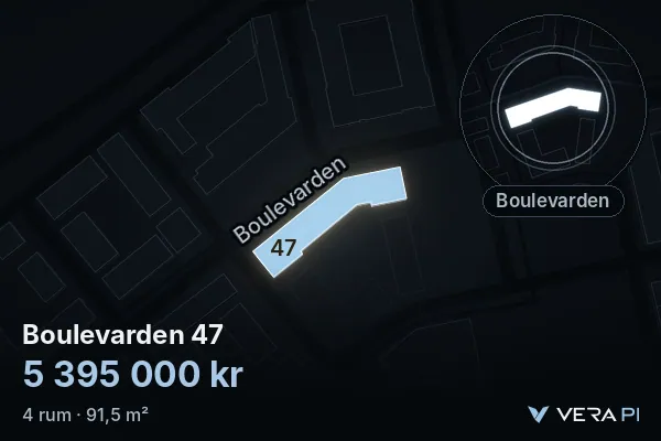 VERA PI:s bild av Boulevarden 47: huset i 3D, upplyst i blått, och kartan runt omkring